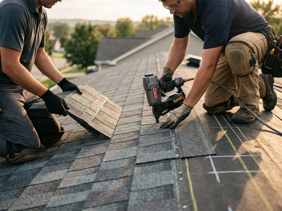 Professional roofer working on a residential roof in Buenaventura Lakes